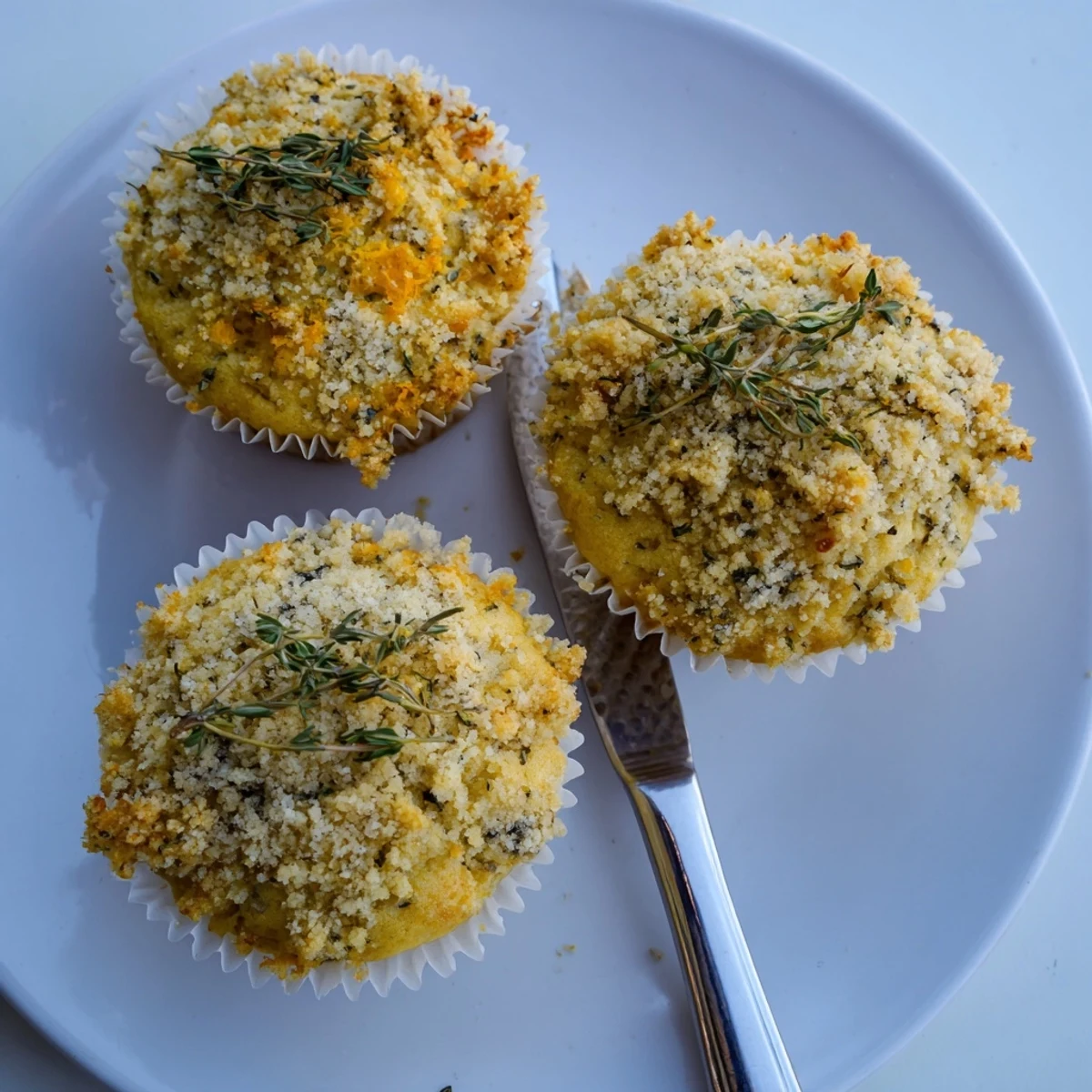 Moist citrus honey muffins topped with golden thyme crumble on a wire rack