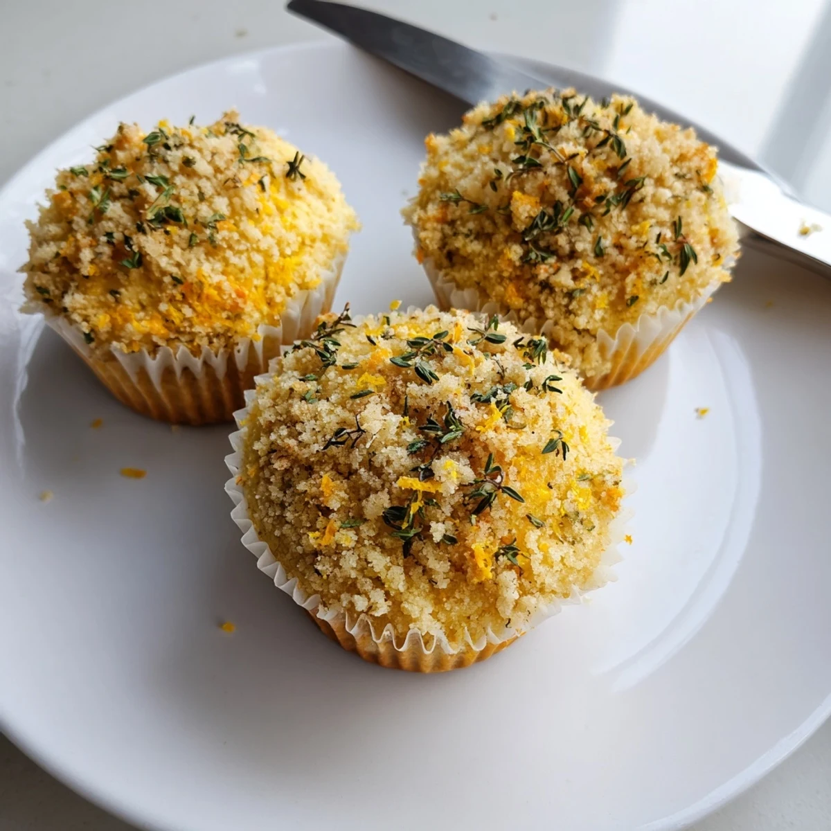 Golden lemon orange honey muffins with thyme crumble fresh from the oven