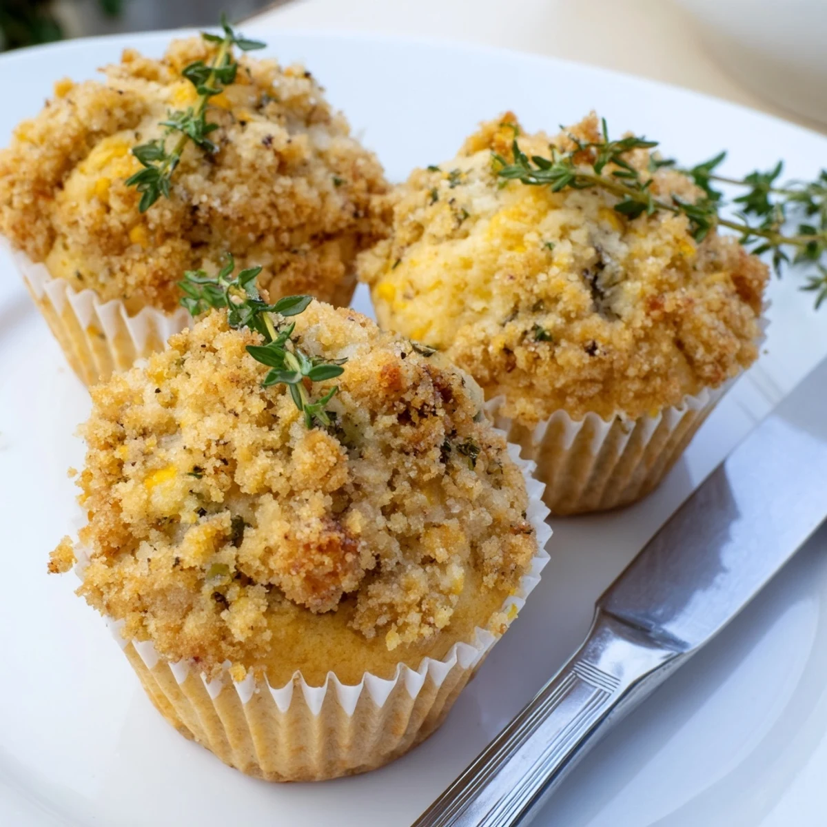 Warm lemon orange honey muffins crowned with herb-flecked crumble beside herbal tea