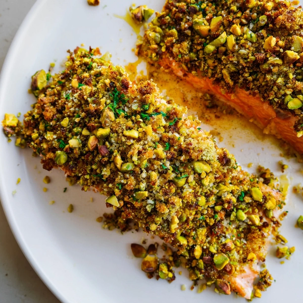 Golden maple pistachio salmon fillet with a crunchy nut crust on a baking sheet