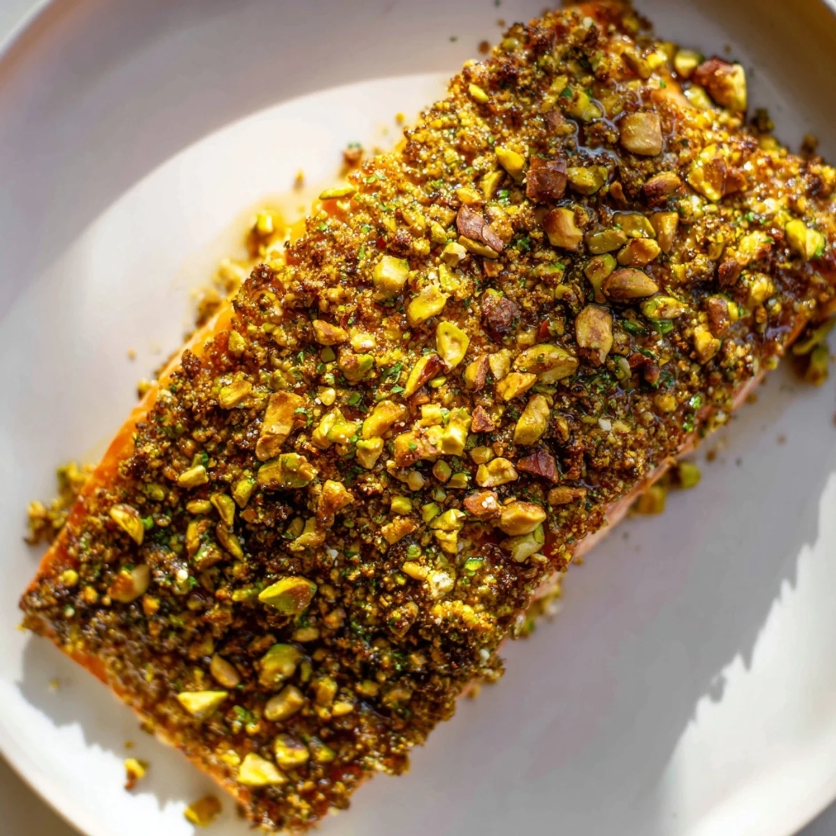 Close-up of maple pistachio salmon showing its caramelized golden crust and flaky texture