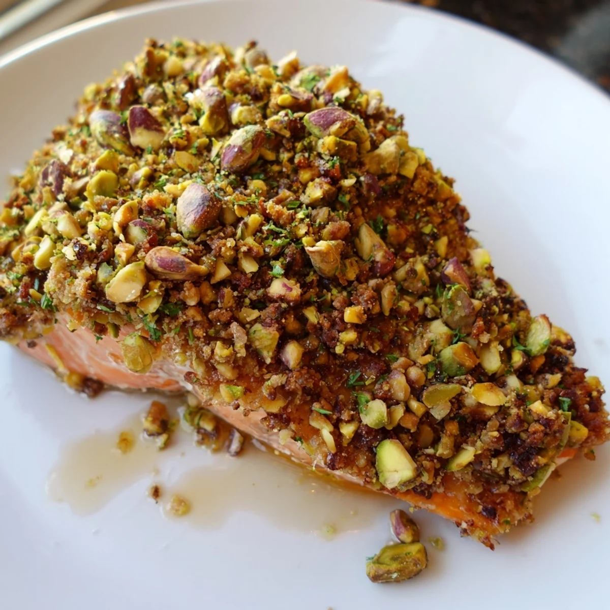Glazed maple pistachio salmon plated alongside roasted vegetables for a healthy dinner