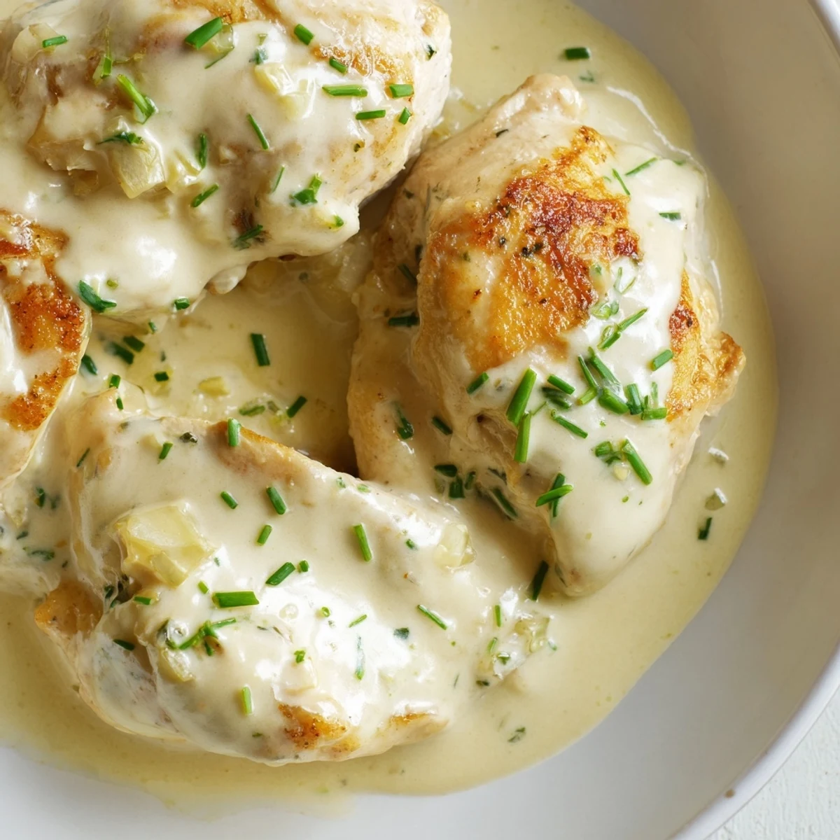 Creamy Boursin sauce with garlic and herbs drapes over golden seared chicken breasts on a white plate