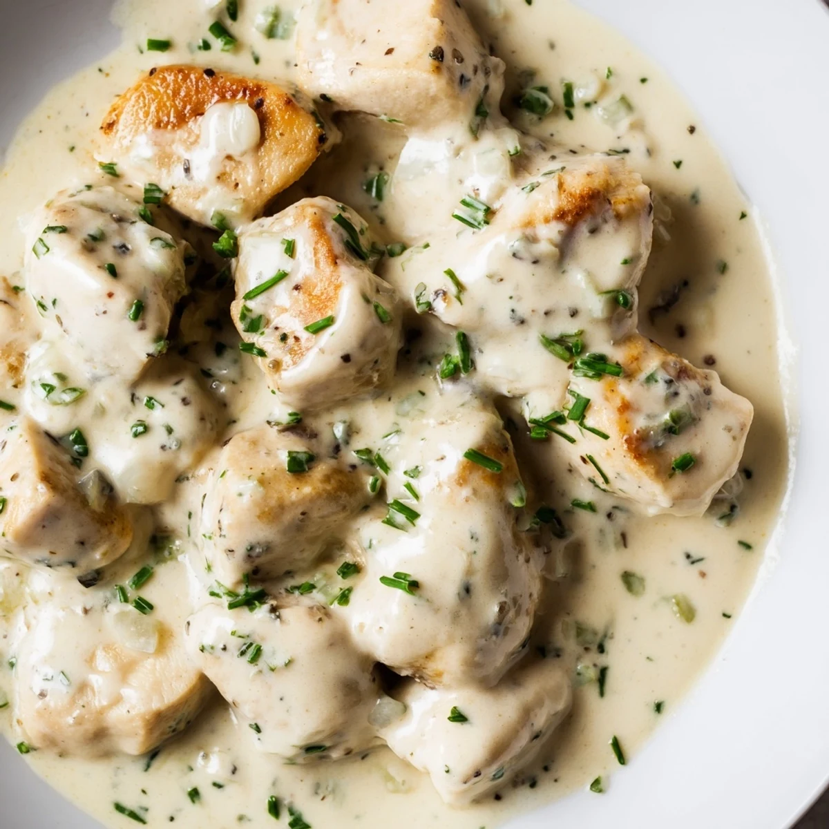 Tender chicken with Boursin cheese sauce sits in a skillet topped with fresh chopped chives