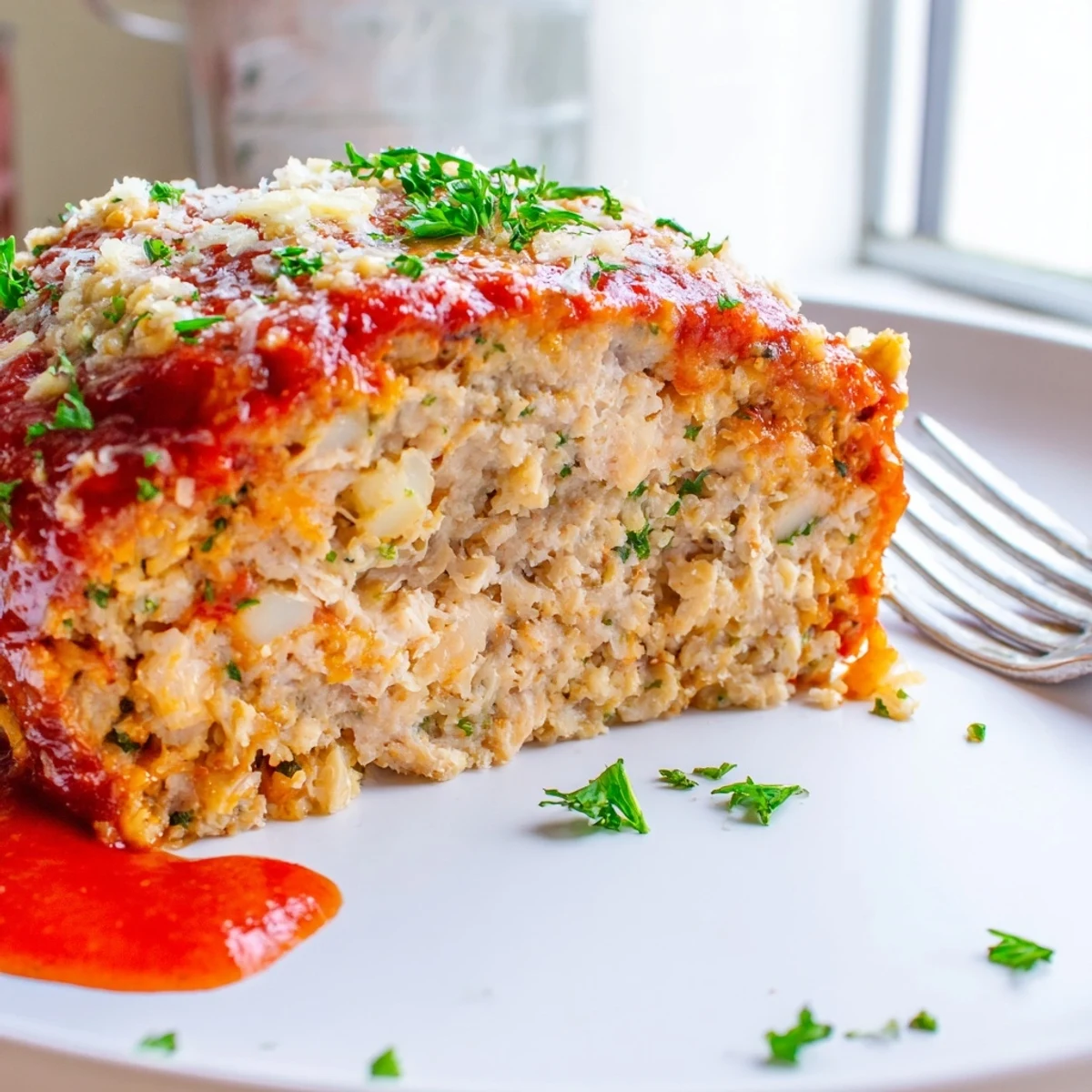 Golden Parmesan chicken meatloaf sliced thick and topped with rich marinara sauce
