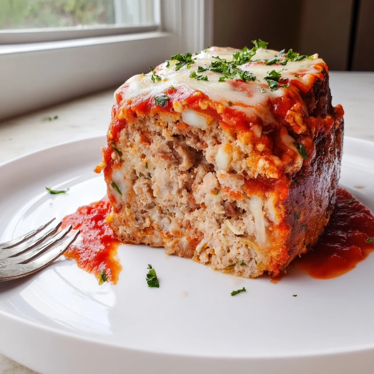 Juicy Parmesan chicken meatloaf fresh from the oven with melted mozzarella cheese