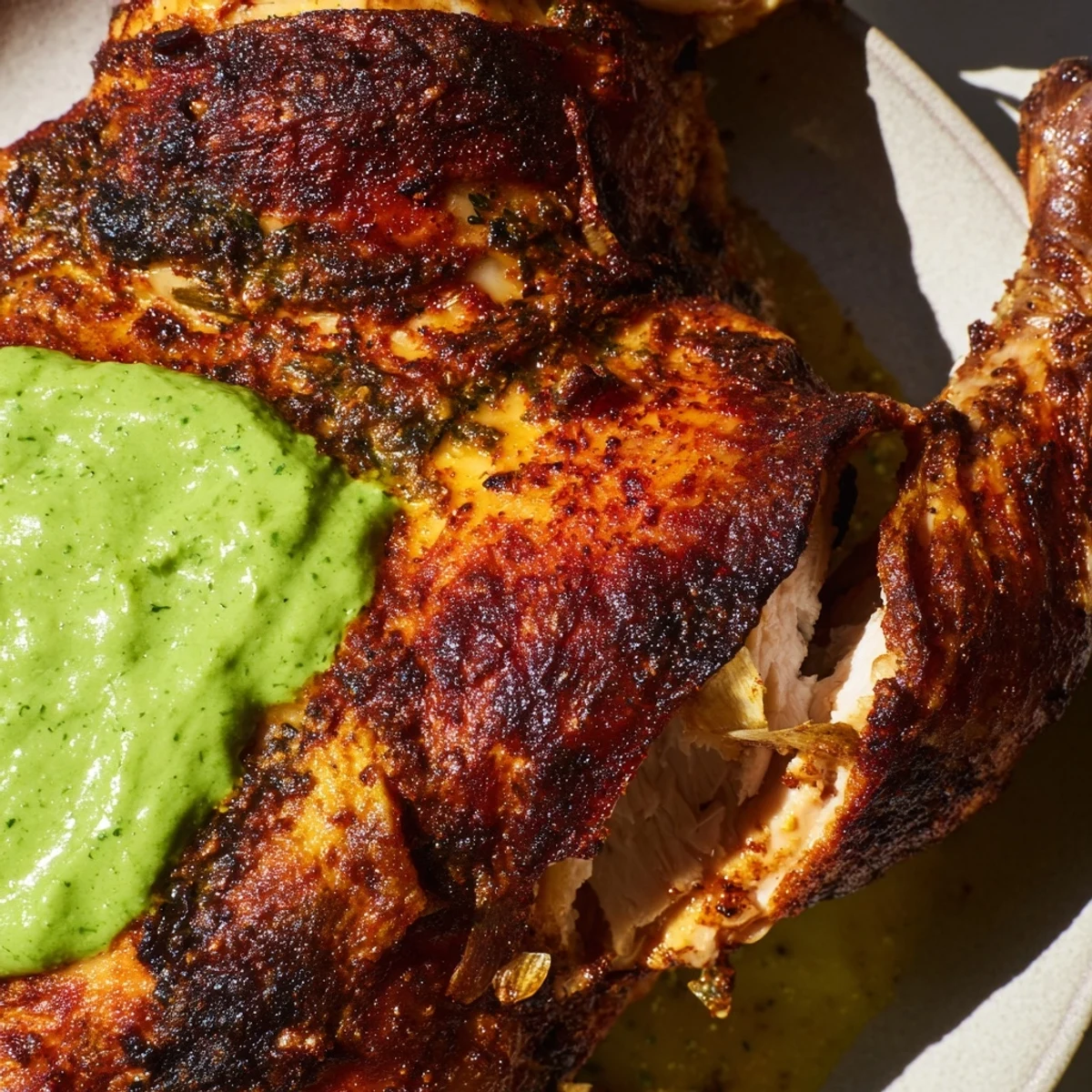 Golden Peruvian chicken with crispy skin drizzled in bright green sauce