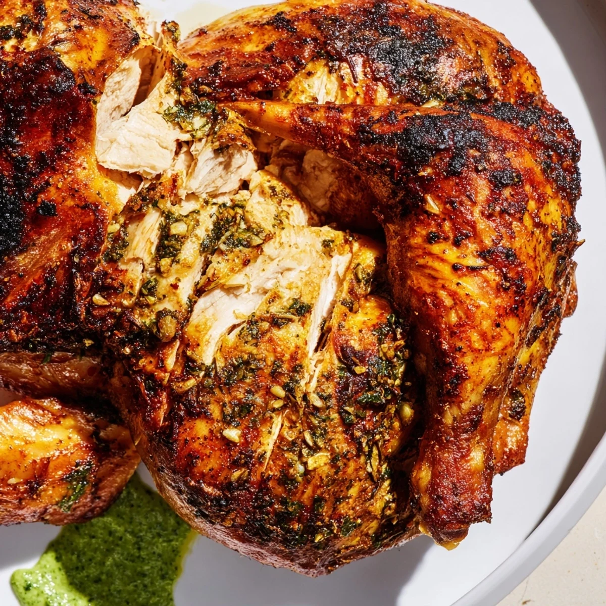 Peruvian chicken fresh from the oven served alongside roasted potatoes and aji verde