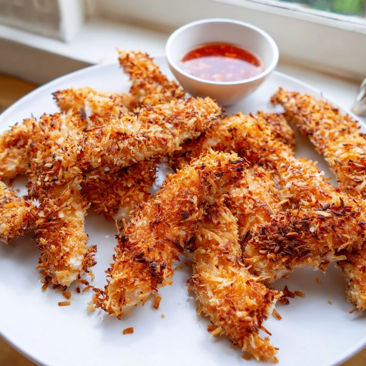 Golden Crunchy Coconut Chicken strips served with sweet chili dipping sauce on a rustic plate