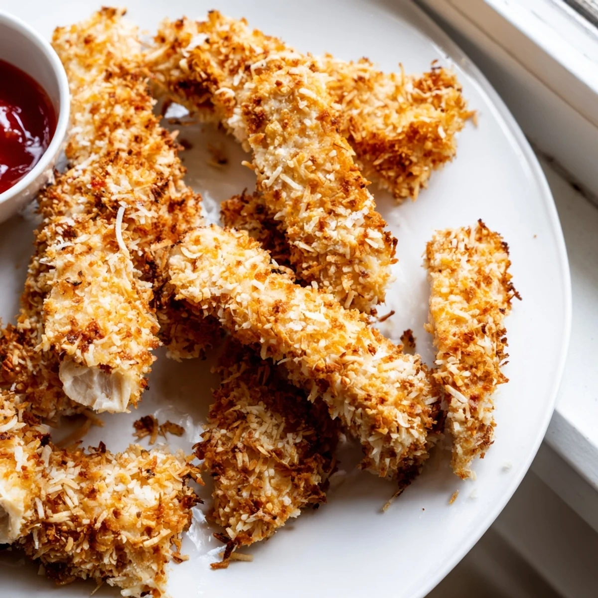 Crispy Crunchy Coconut Chicken tenders fresh from the oven on a parchment-lined baking sheet