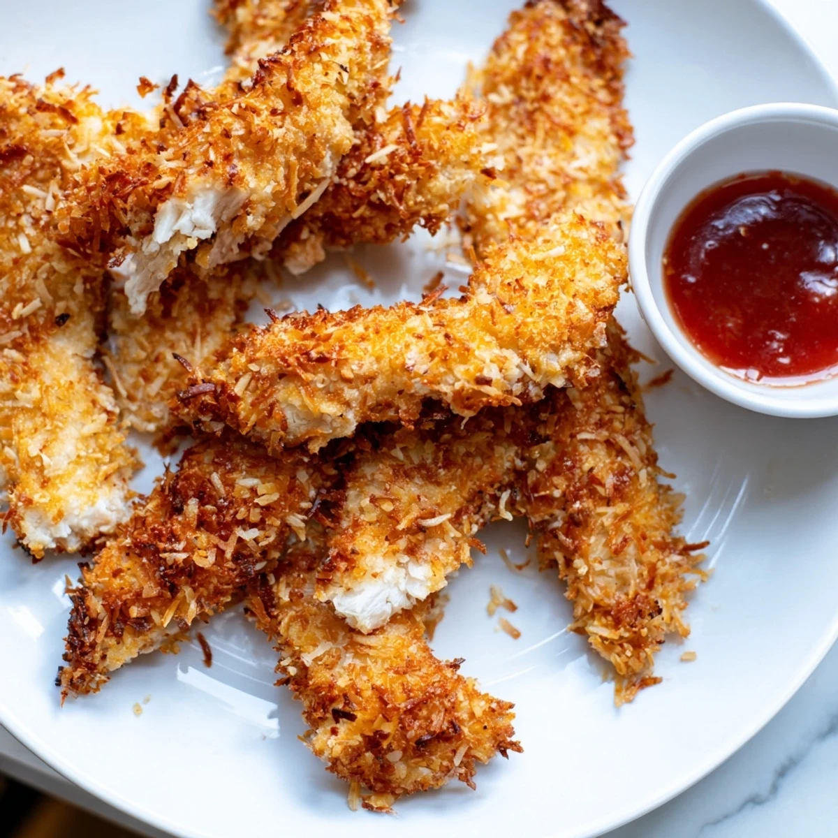 Crunchy Coconut Chicken arranged on a platter alongside mango chutney and a fresh salad