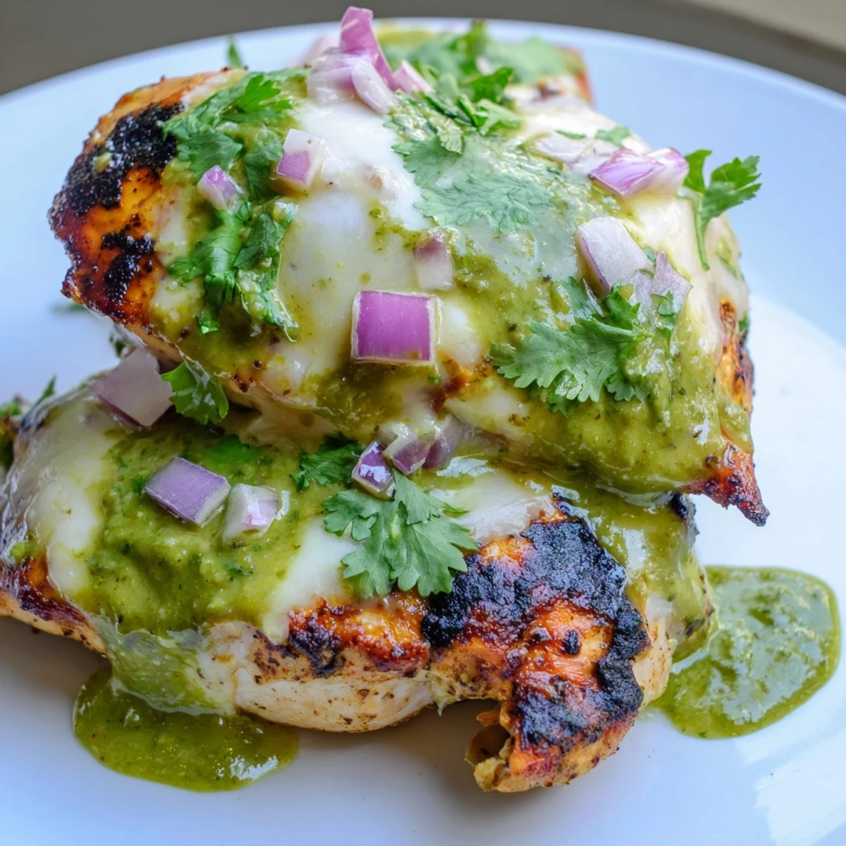 Golden grilled salsa verde pepper jack chicken with melted cheese and fresh cilantro