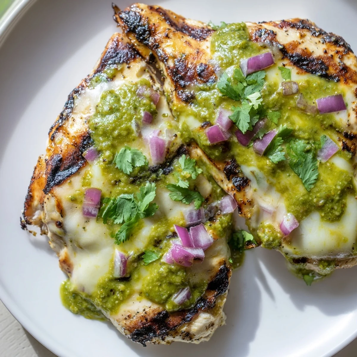 Juicy grilled salsa verde pepper jack chicken topped with bubbling melted cheese and lime