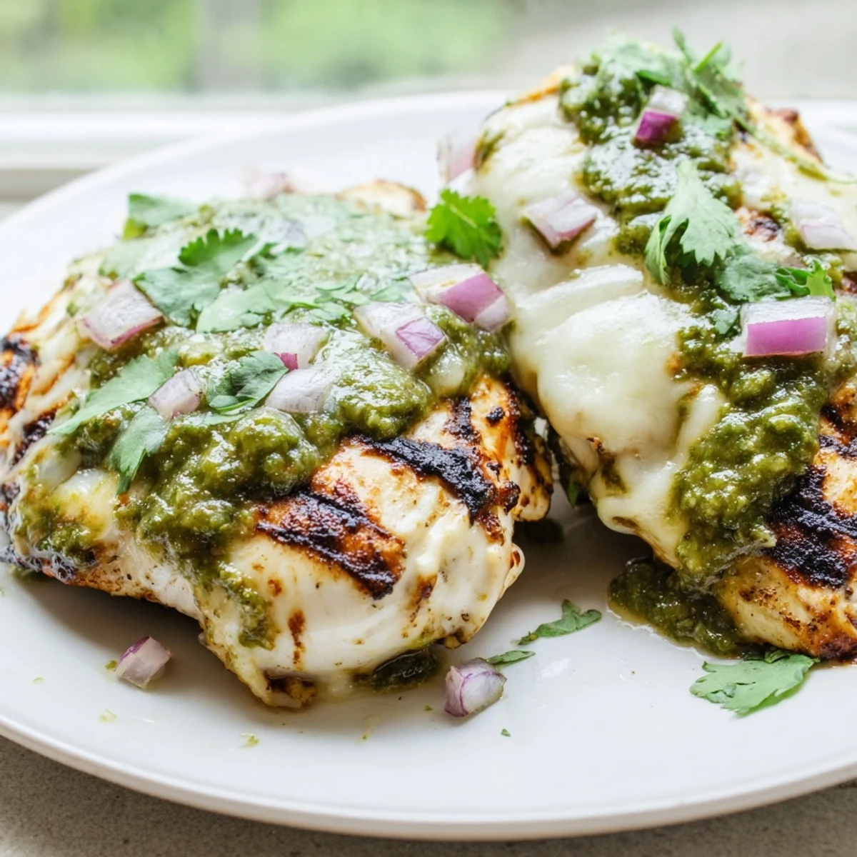 Smoky grilled salsa verde pepper jack chicken garnished with diced red onion and herbs