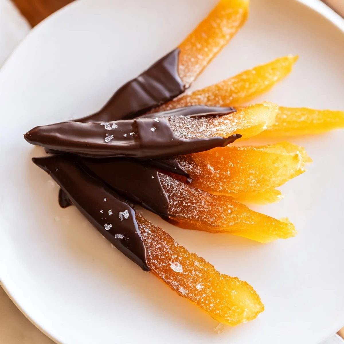Glistening chocolate covered orange peels arranged on parchment with flaky sea salt