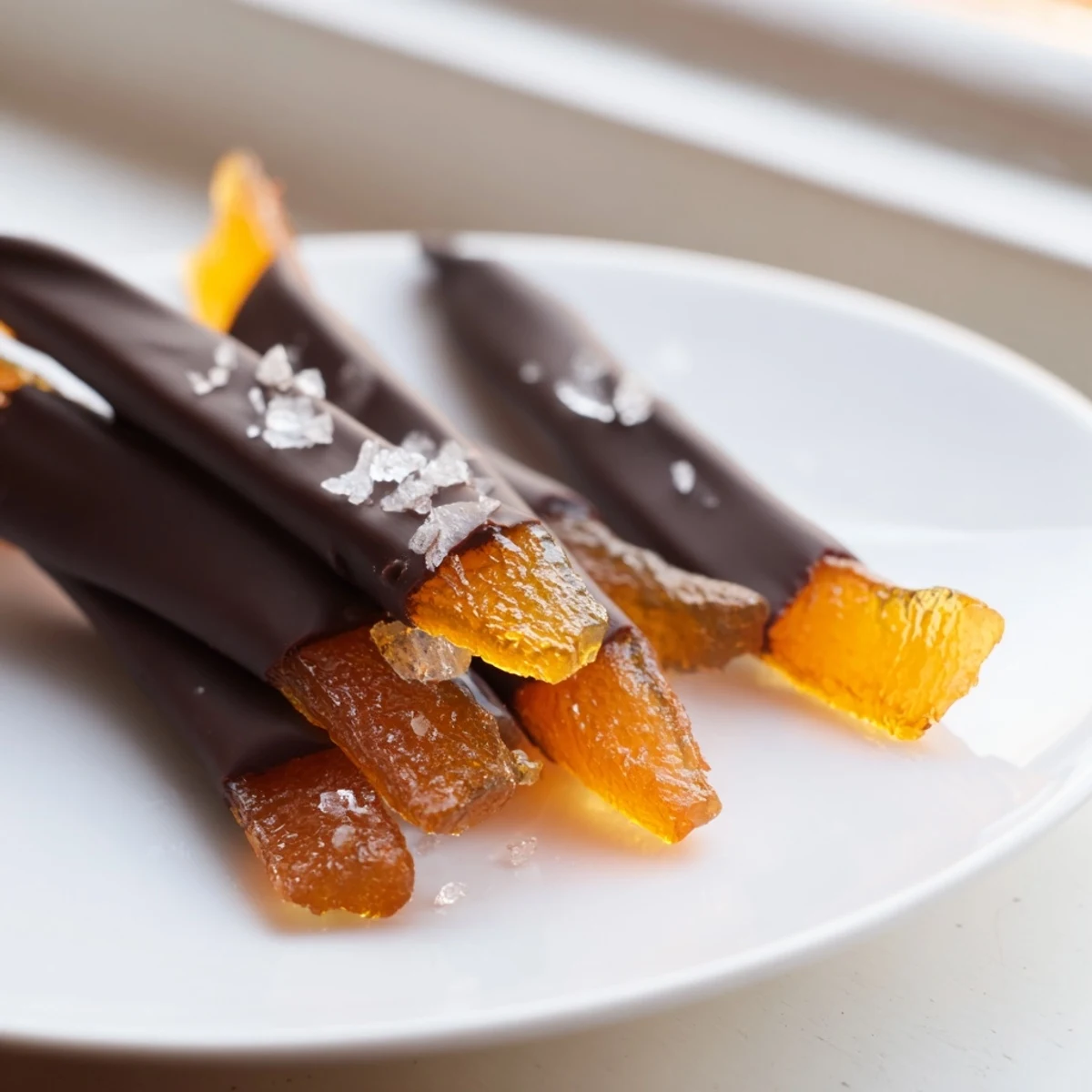 Chocolate covered orange peels dusted with sea salt ready for gifting