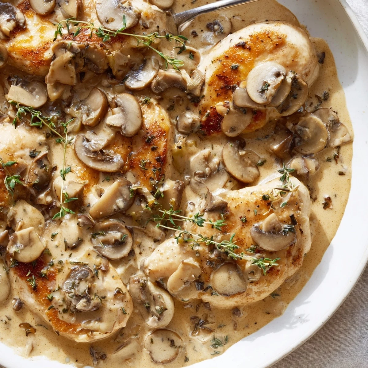 Creamy mushroom chicken smothered in rich garlic sauce with golden crispy herb potatoes on a rustic plate
