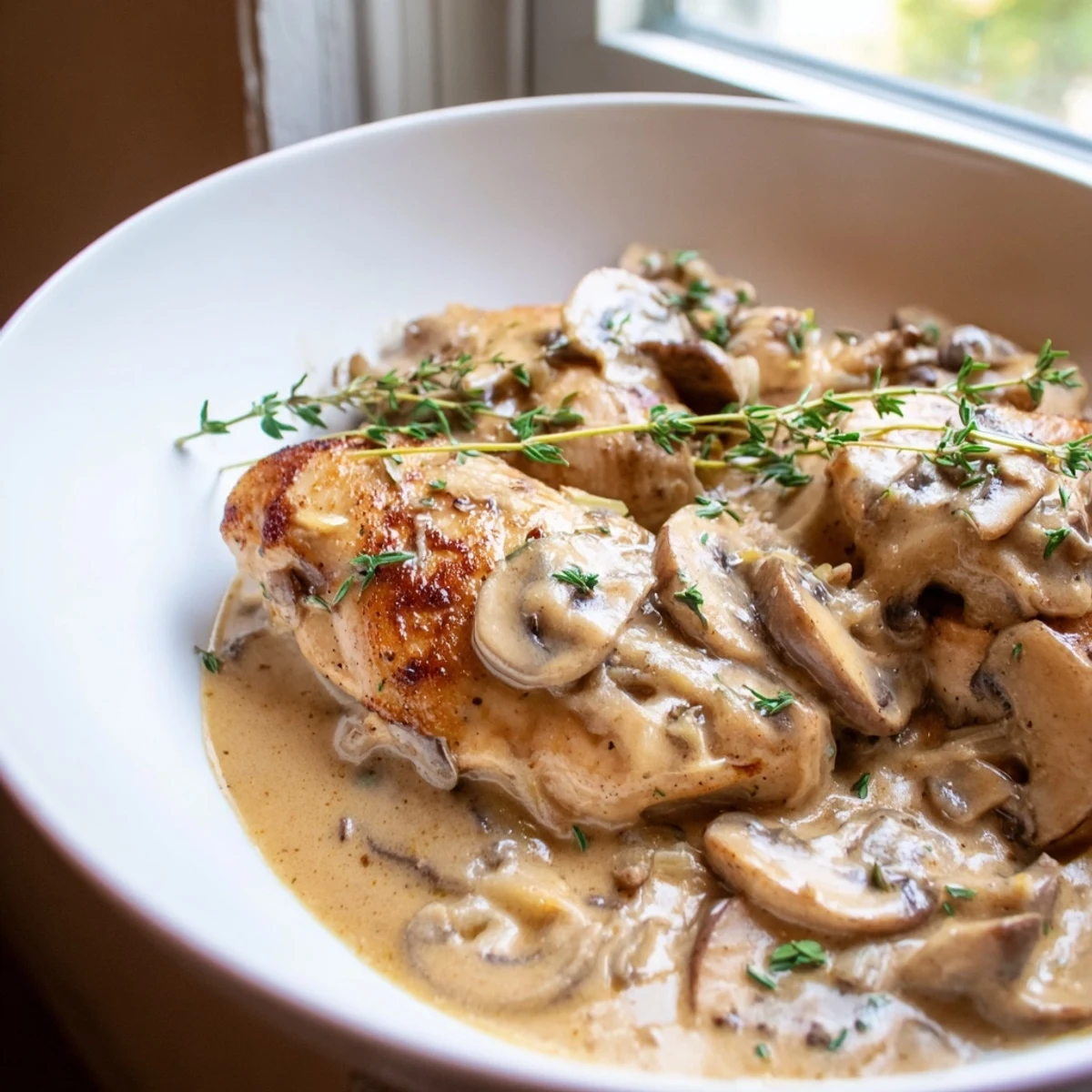 Pan-seared creamy mushroom chicken in a velvety sauce plated beside crackling rosemary-roasted baby potatoes