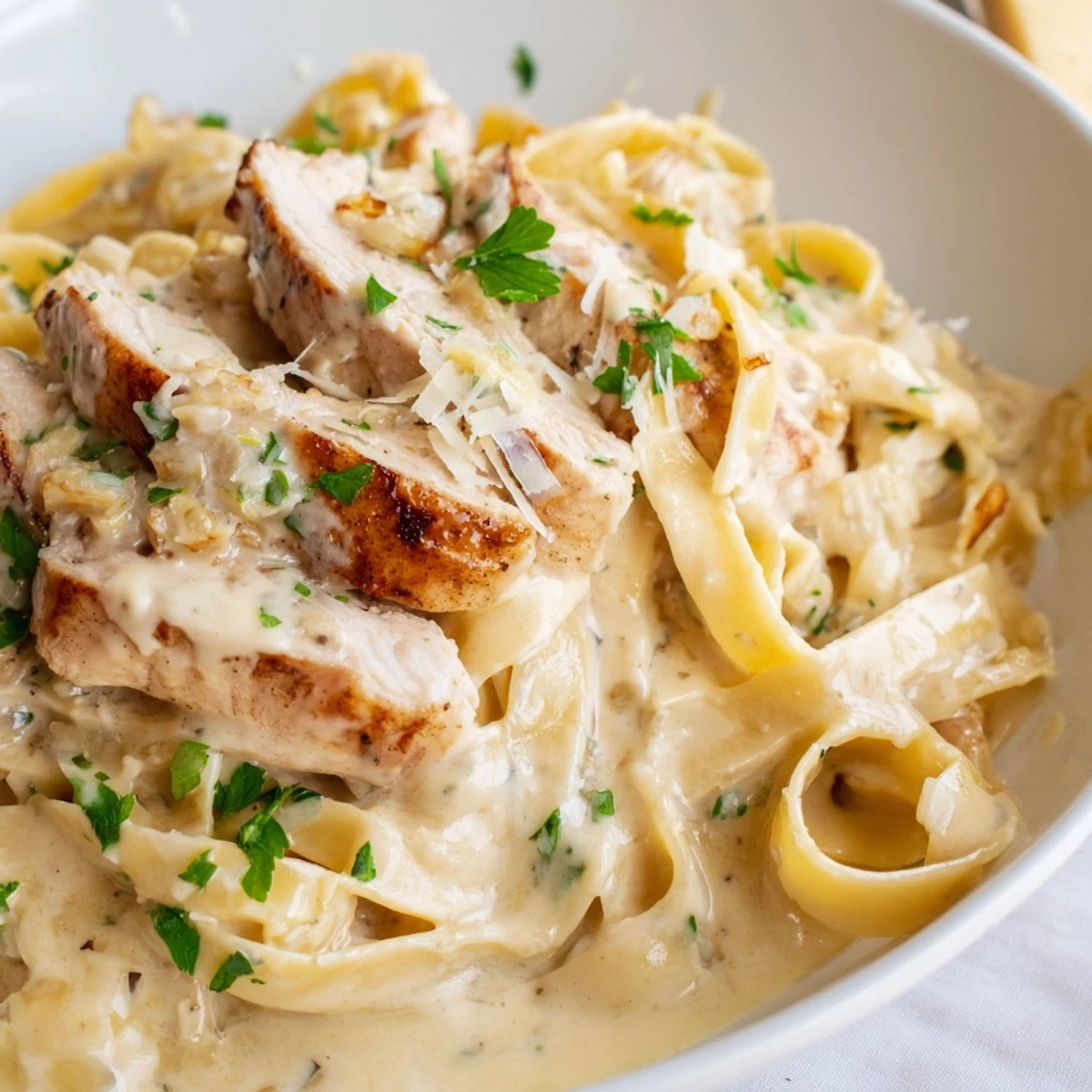 Creamy Garlic Parmesan Chicken Pasta topped with fresh parsley in a white bowl