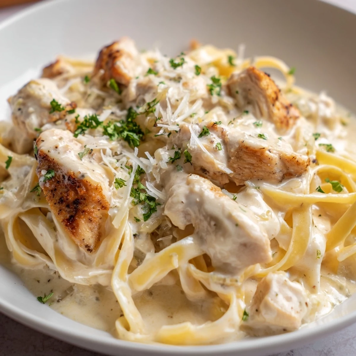 Steaming bowl of Creamy Garlic Parmesan Chicken Pasta coated in rich velvety sauce