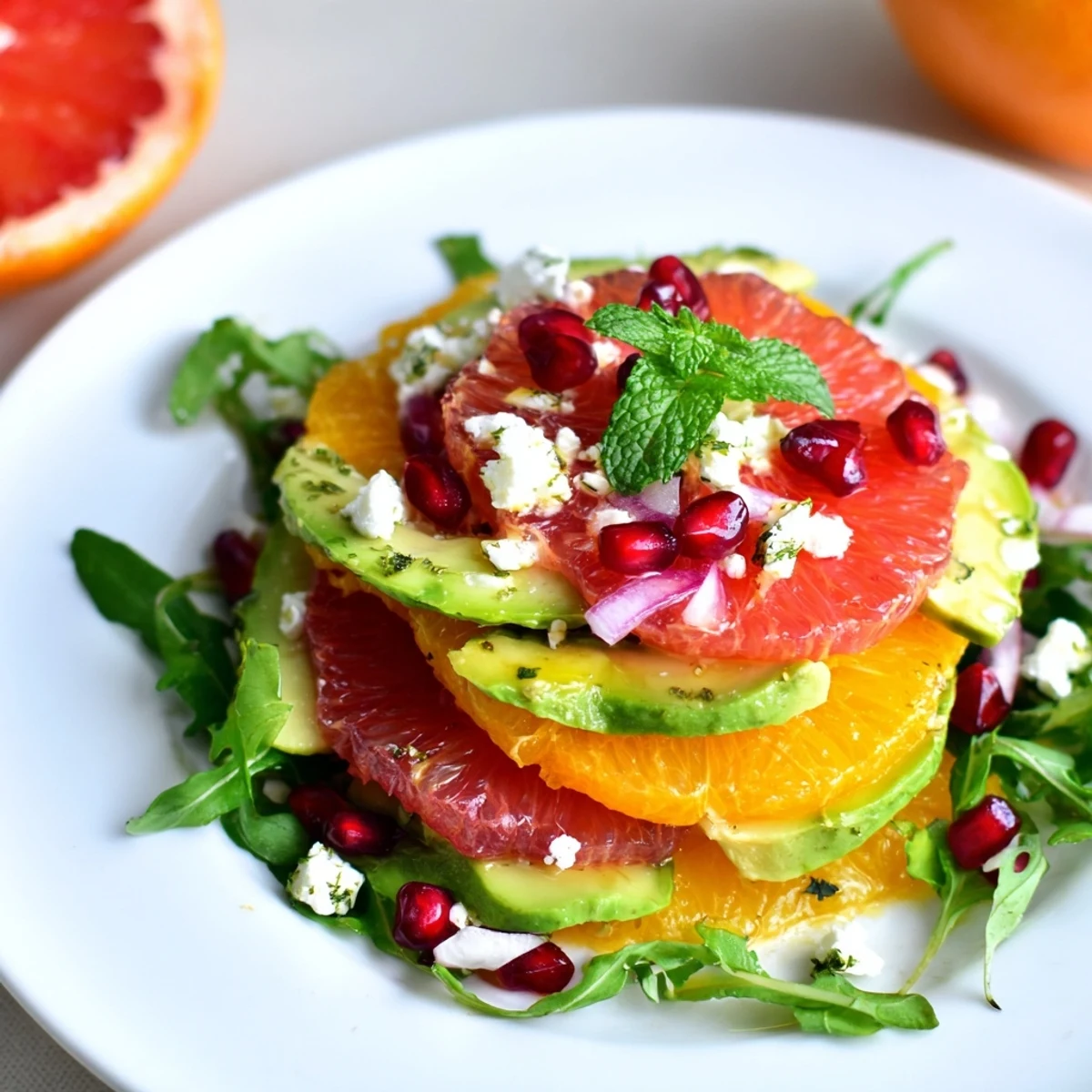 Colorful citrus salad with pomegranate arils and creamy avocado on a platter