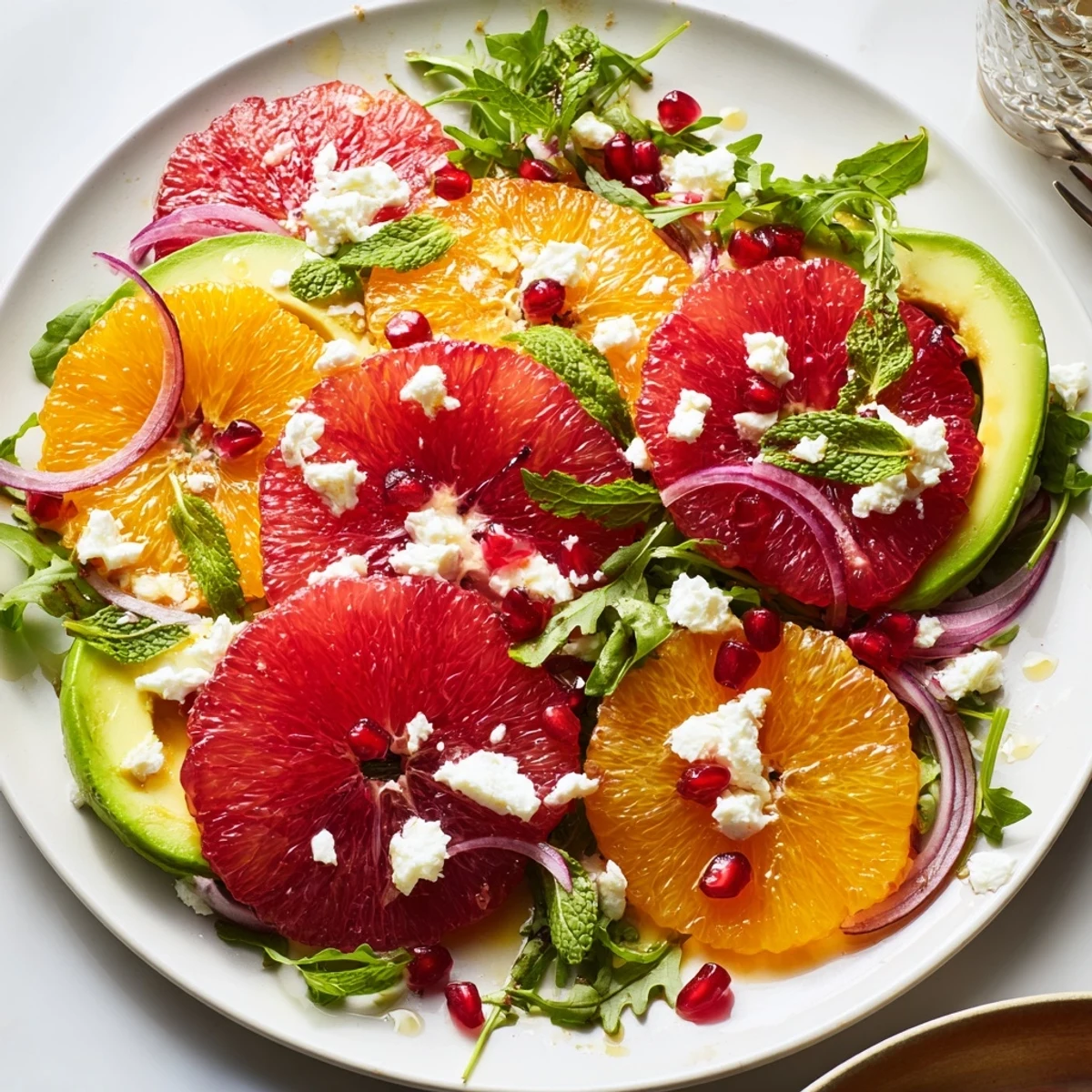 Juicy citrus salad topped with ruby pomegranate seeds and crumbled feta cheese