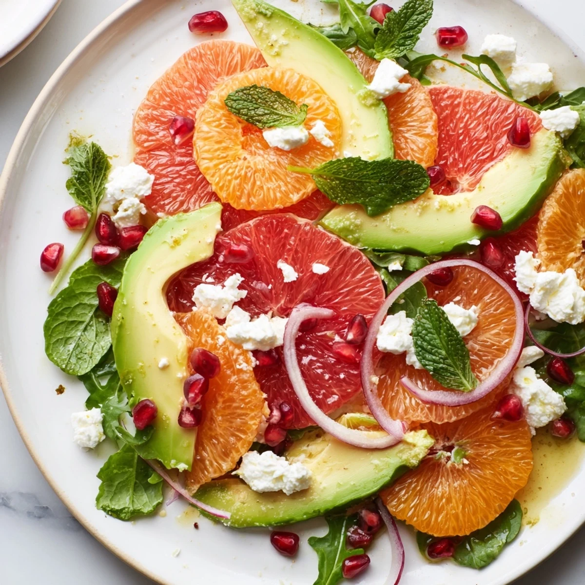 Bright citrus salad drizzled with dressing, creamy avocado, and torn fresh mint