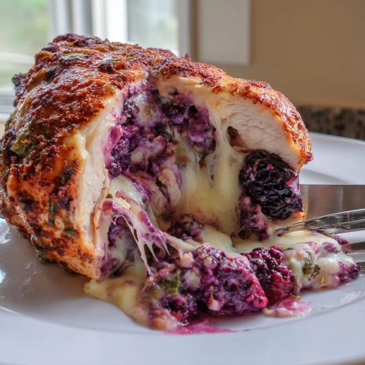 Juicy blackberry jalapeno stuffed chicken with melted cream cheese oozing from golden baked breasts