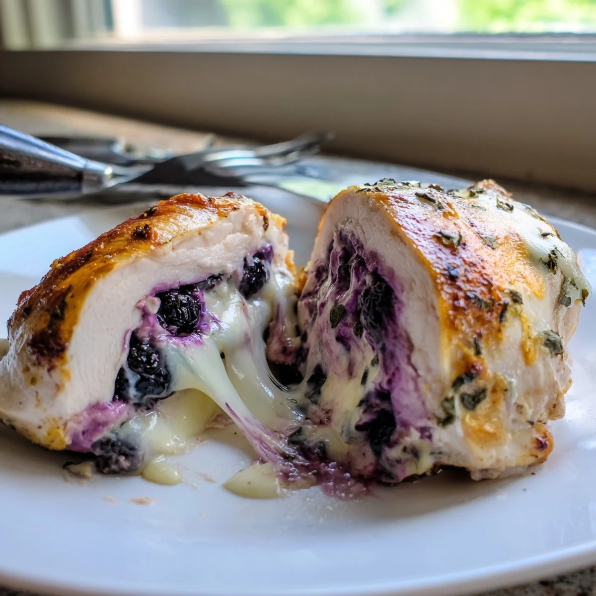 Blackberry jalapeno stuffed chicken resting on a white plate alongside roasted vegetables and salad