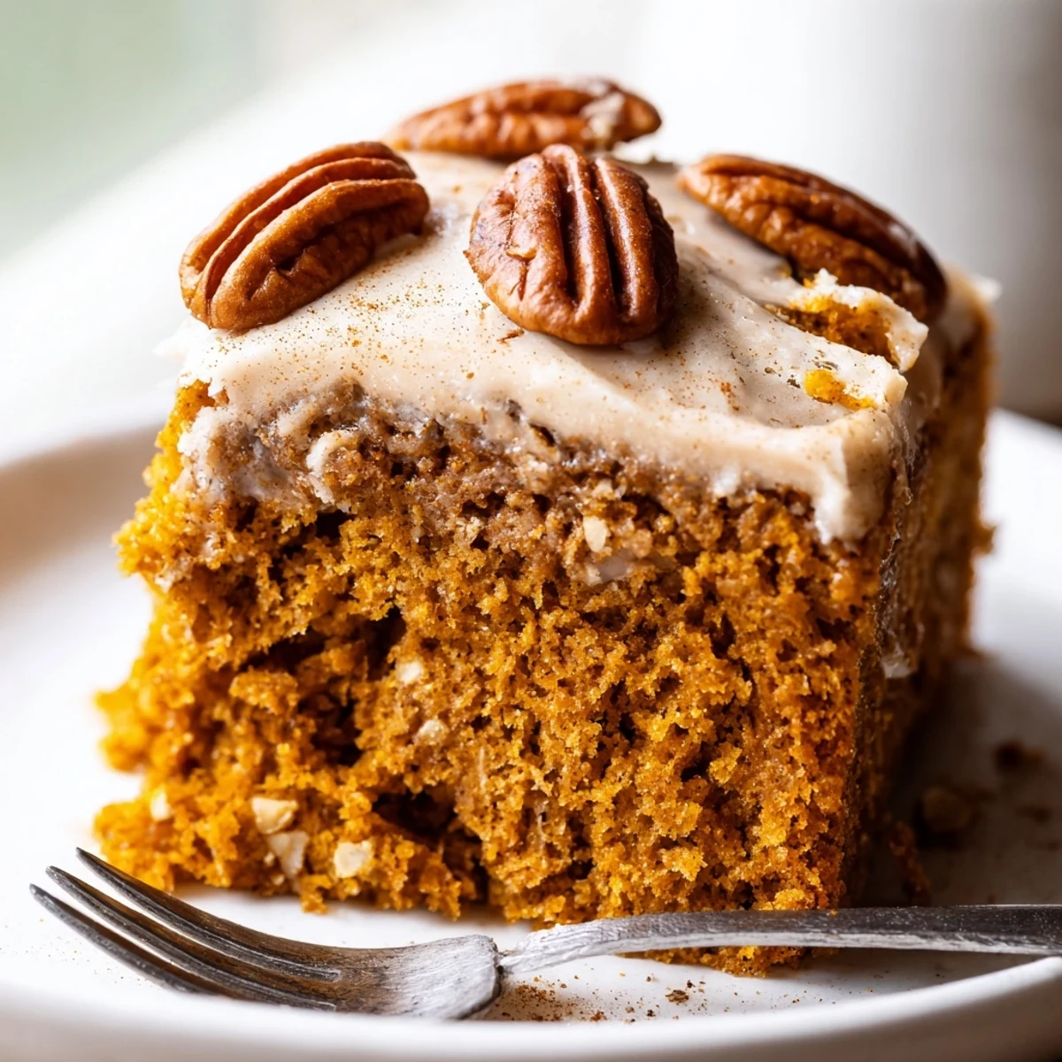 A slice of pumpkin pecan cake topped with swirled cinnamon cream cheese icing on a rustic plate