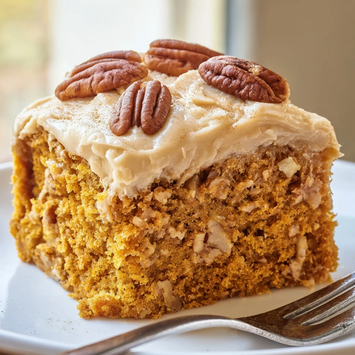 Moist pumpkin pecan cake with toasted pecan halves and thick cinnamon cream cheese frosting, served on a autumn table