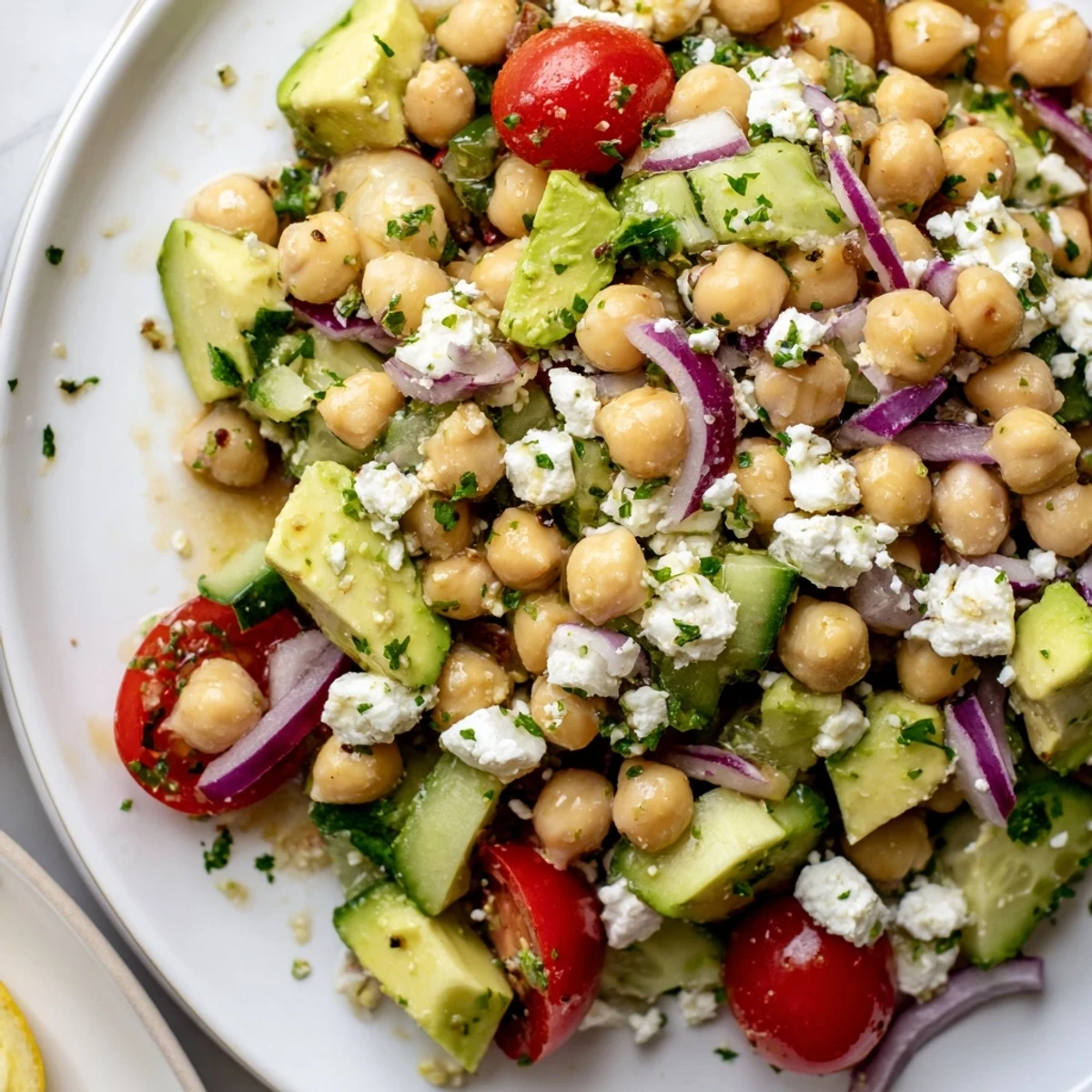 Creamy chickpea feta avocado salad in a rustic bowl with fresh herbs