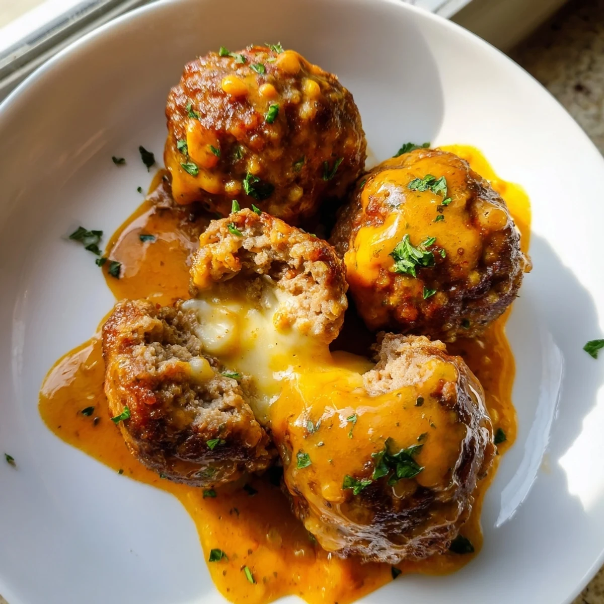 Golden cheese stuffed meatballs swimming in a rich, smoky spicy cheese sauce