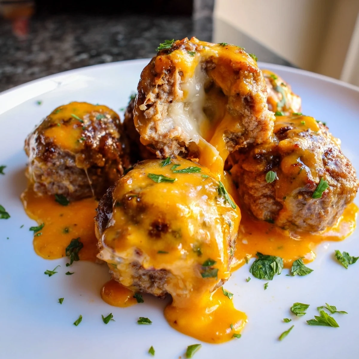 Plump cheese stuffed meatballs oozing melted mozzarella beneath creamy pepper jack cheese sauce