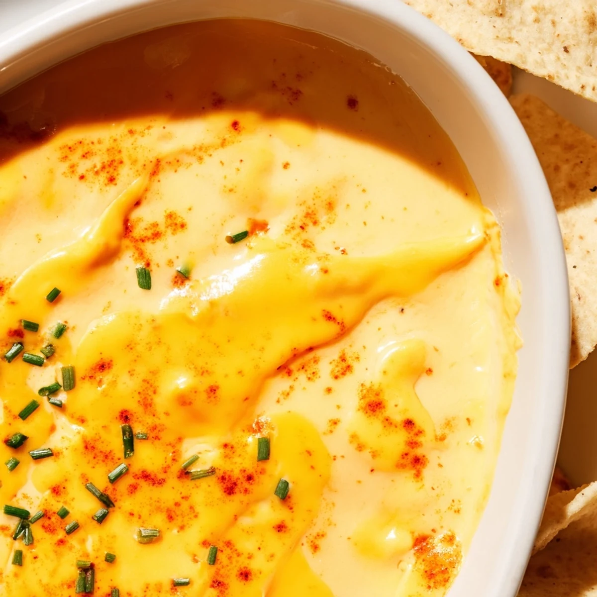 Warm cheese dip topped with chives in a rustic ceramic bowl