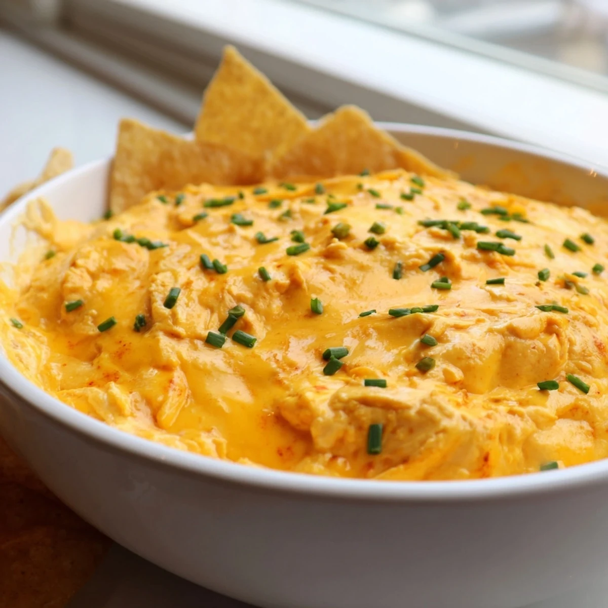 Melted cheddar cheese dip in a skillet surrounded by tortilla chips