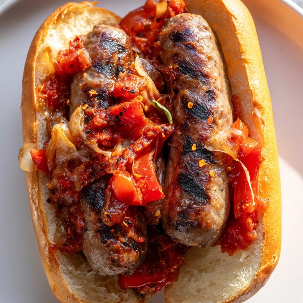 Smoky grilled sausage grinders topped with charred tomato sauce on crusty rolls