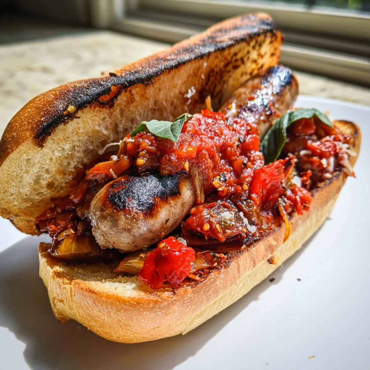 Grilled sausage grinders with melted mozzarella and smoky tomato sauce close-up
