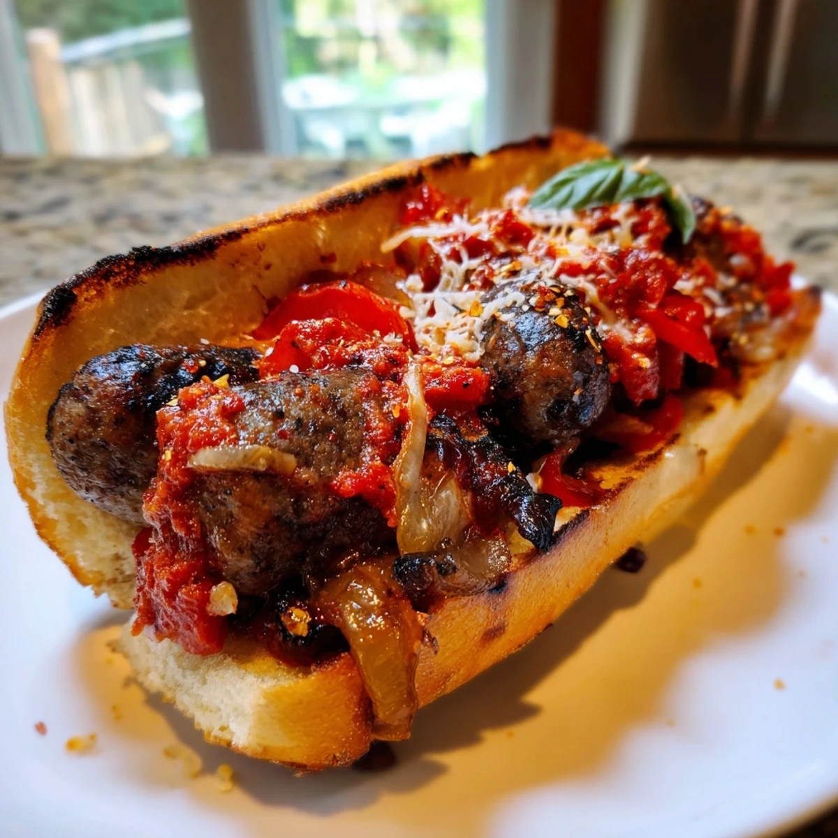 Hearty grilled sausage grinders drizzled with rustic grilled tomato sauce and fresh basil