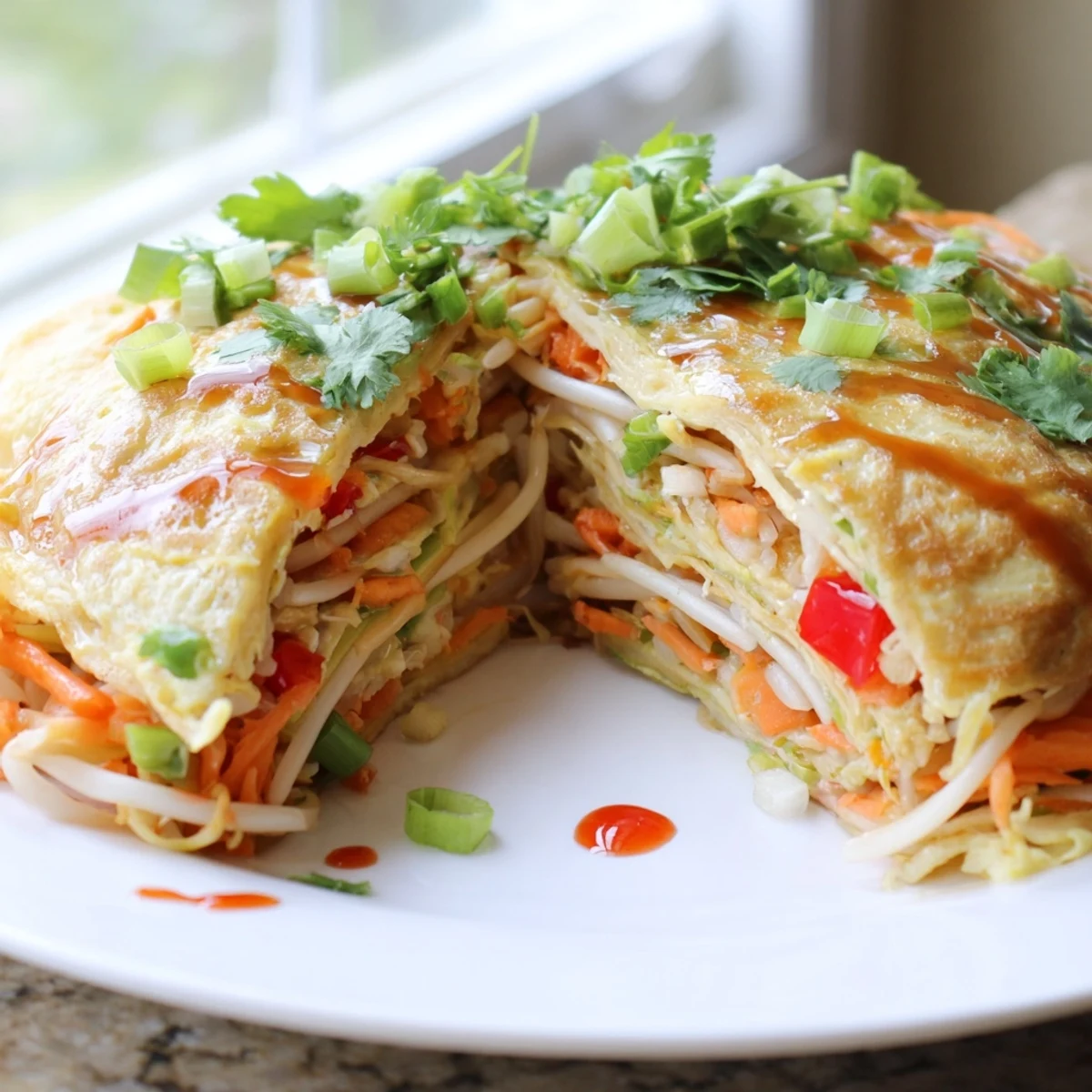 Golden Chinese omelette folded over crisp vegetables and topped with fresh scallions