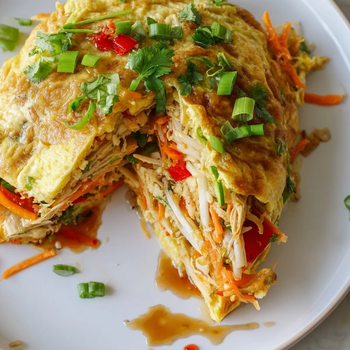 Savory Chinese omelette filled with colorful bell peppers, bean sprouts, and carrots