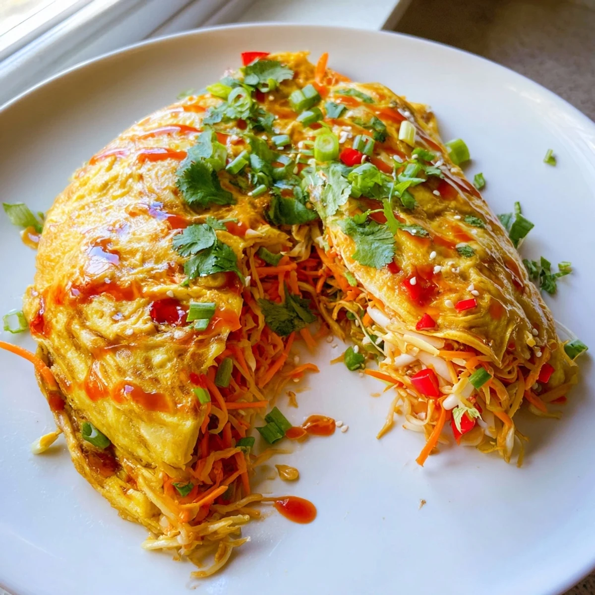 Fluffy Chinese omelette drizzled with sesame soy sauce on a white plate