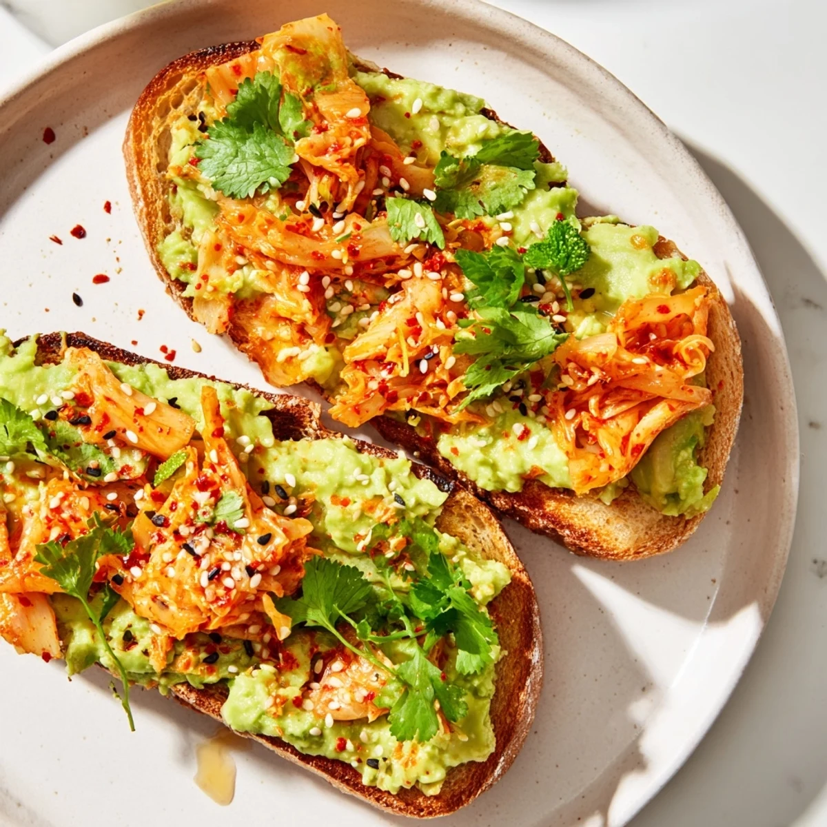 Creamy avocado and spicy kimchi piled on golden sourdough toast with sesame seeds