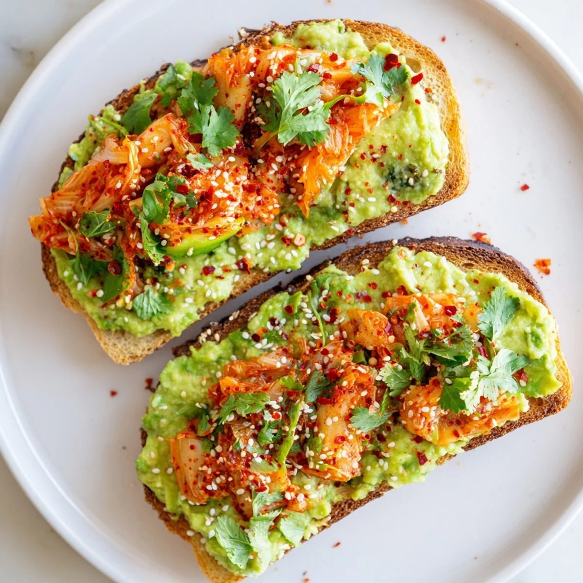 Crispy toast layered with mashed avocado, tangy kimchi, cilantro, and red pepper flakes