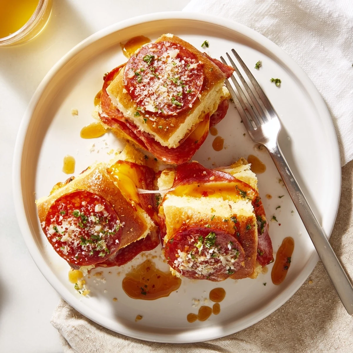 Golden Hot Honey Pepperoni Pizza Sliders with gooey melted mozzarella and spicy-sweet honey drizzle