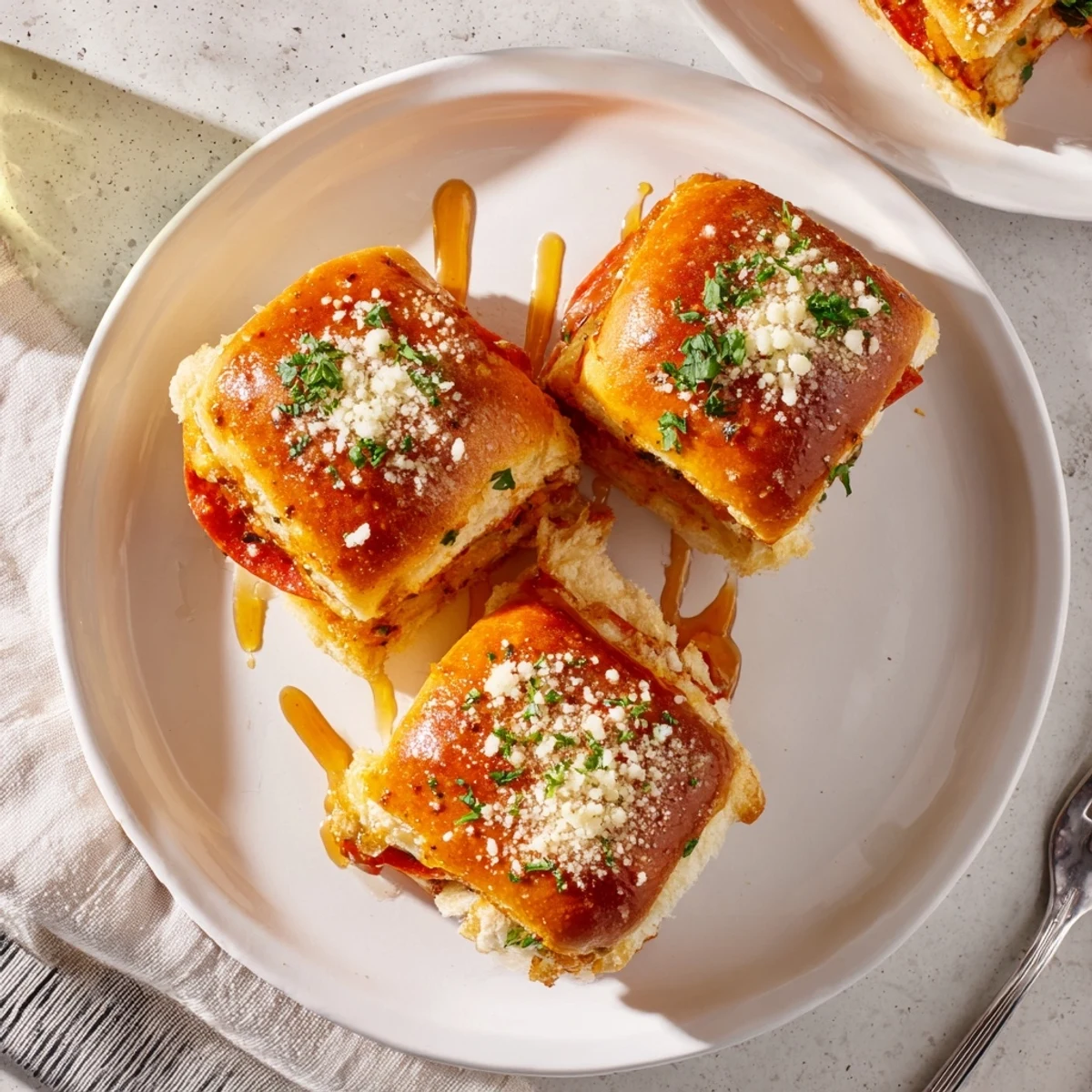 Crispy buttery Hot Honey Pepperoni Pizza Sliders pulled apart revealing stretchy cheese and zesty marinara