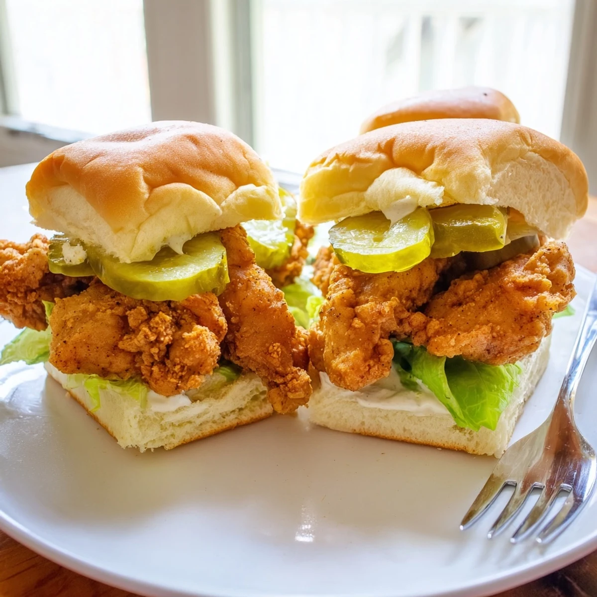 Crispy pickle brined fried chicken sliders topped with lettuce mayo and dill pickles