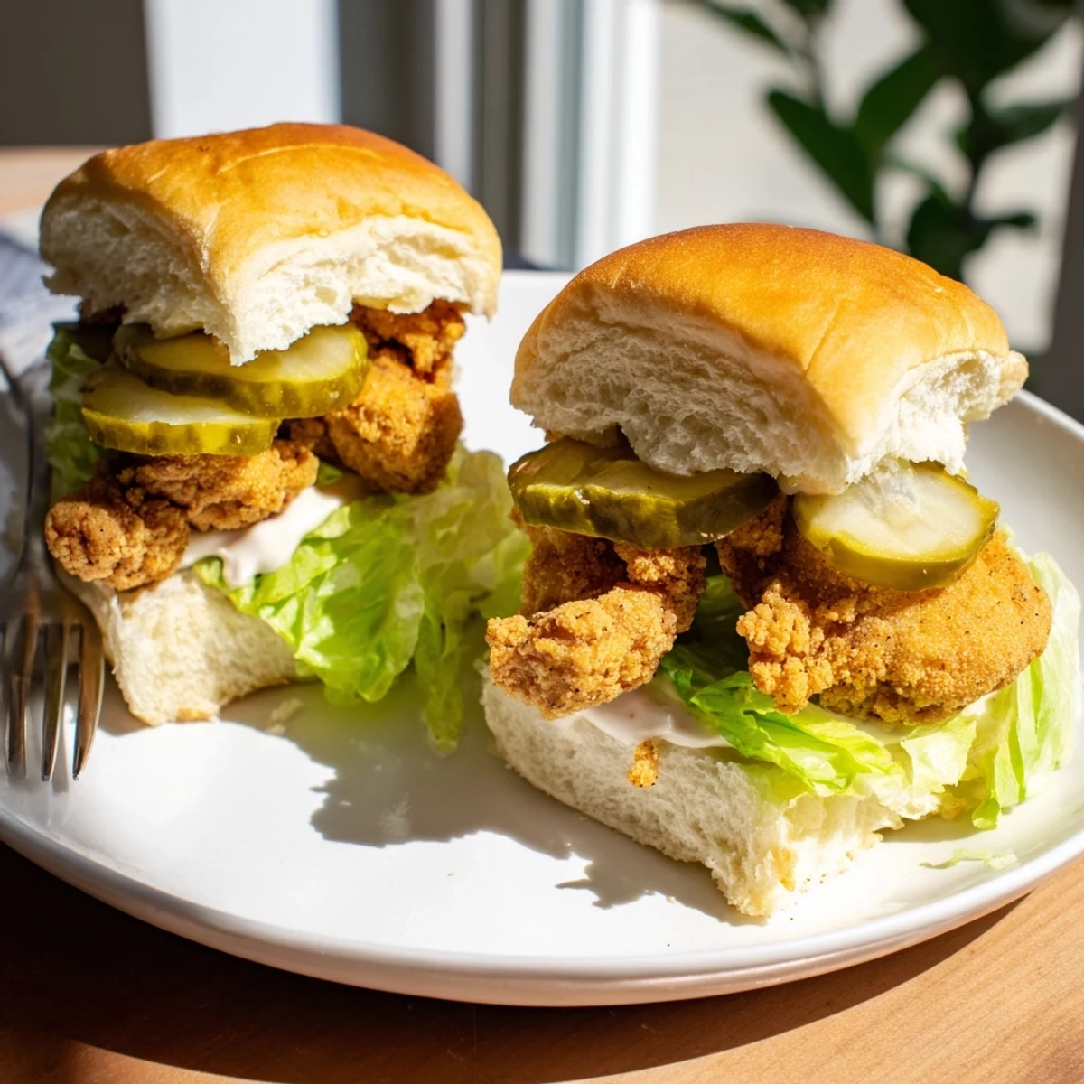 Golden crispy pickle brined fried chicken sliders stacked on soft toasted buns with pickles