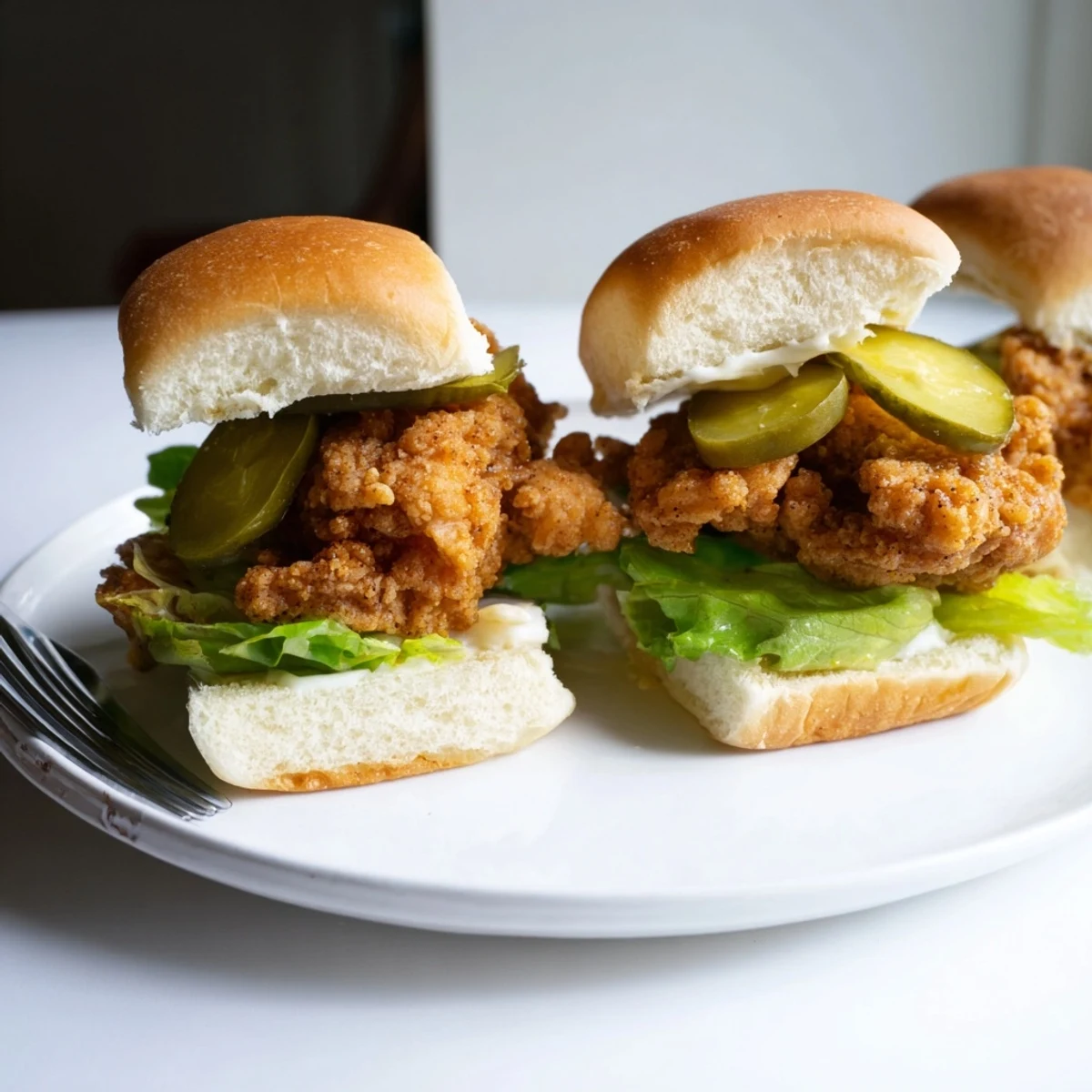 Bite-sized pickle brined fried chicken sliders with crunchy golden breading on warm slider buns