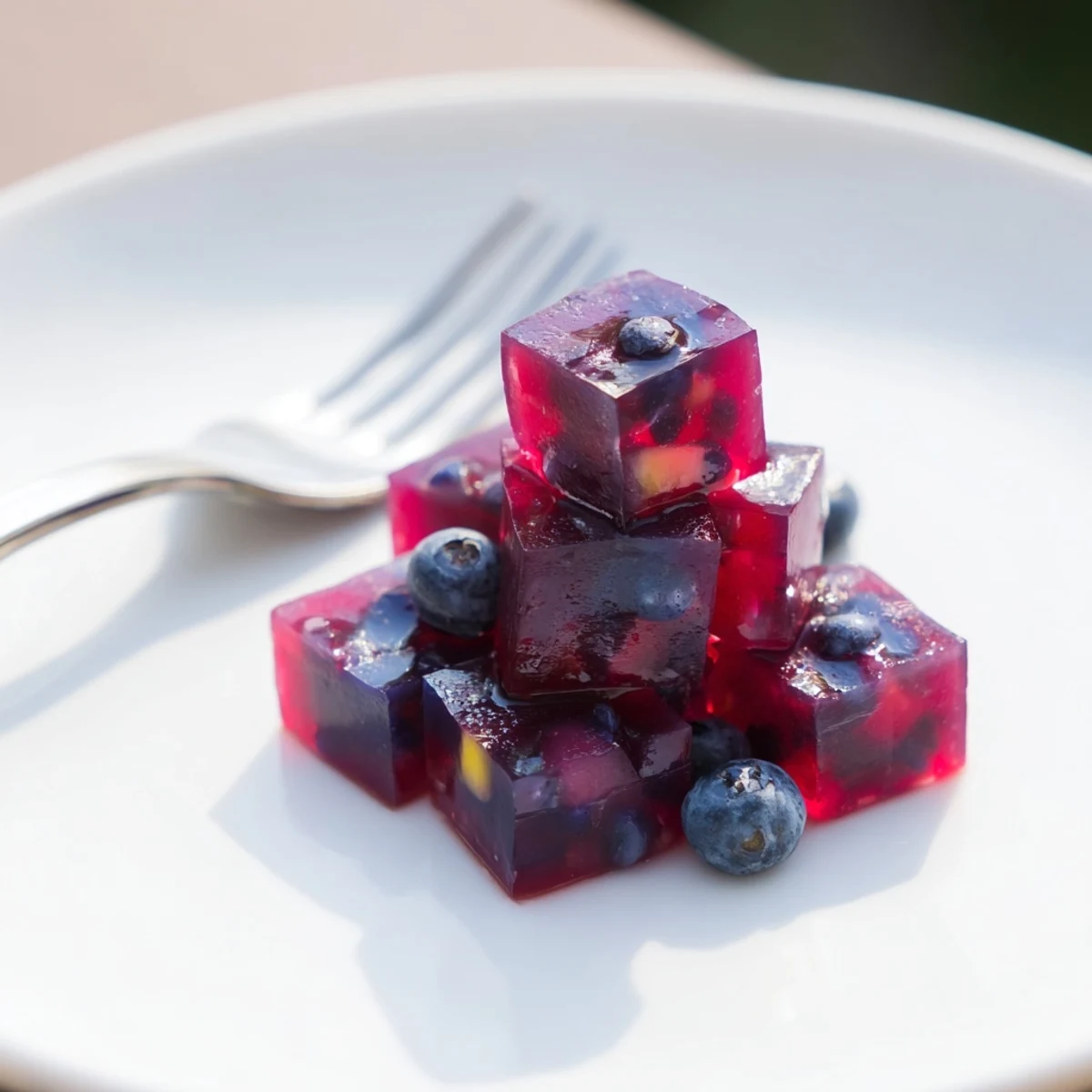 Glossy collagen fruit jellies in vibrant jewel-toned cubes dusted with powdered sugar